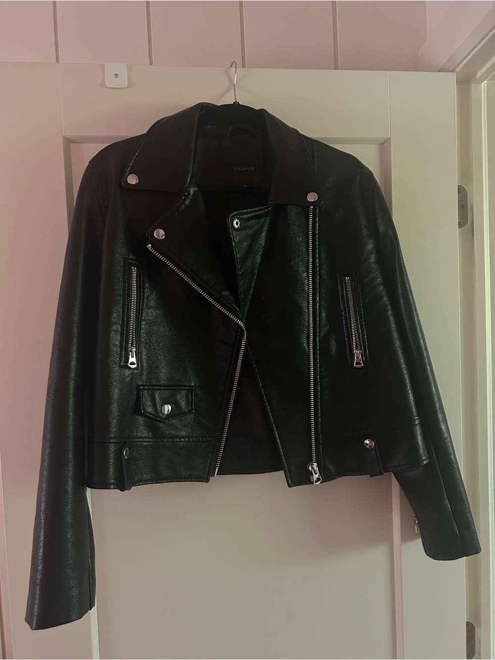 Dynamite Black Faux Leather Moto Jacket with Silver Hardware
